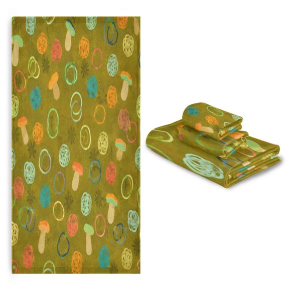 3 Pack Towel Set - Bath Towel, Hand Towel & Washcloth for Daily Household Use Olive Green Mushroom Pattern
