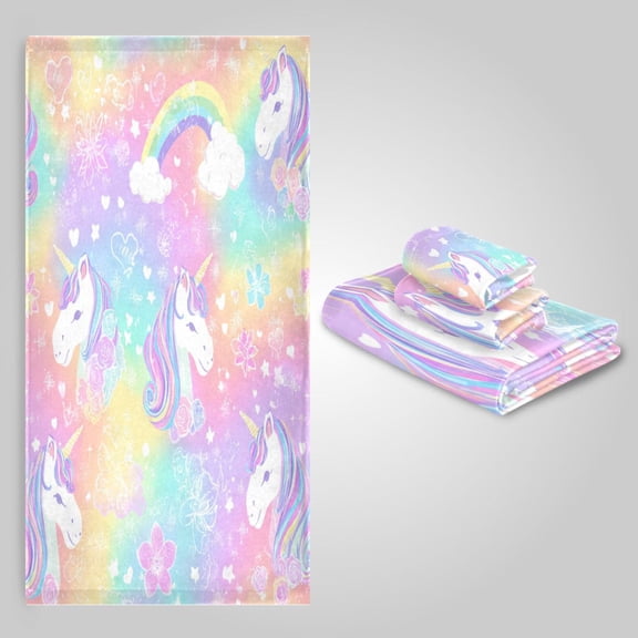 3 Pack Towel Set - Bath Towel, Hand Towel & Washcloth for Daily Household Use Sweet Rainbow Unicorn Party