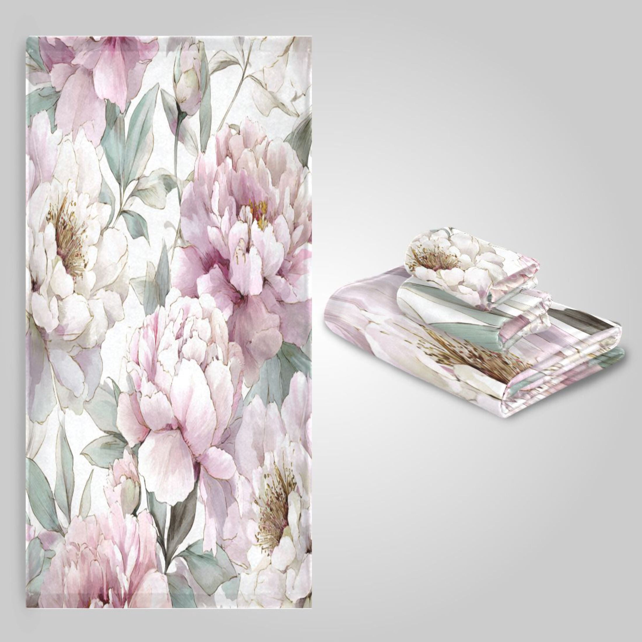 3 Pack Towel Set - Bath Towel, Hand Towel & Washcloth for Daily Household Use Watercolor Peony Garden