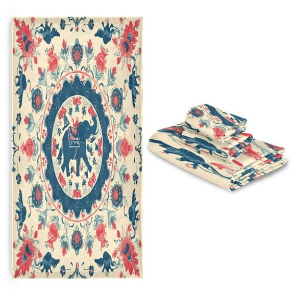 3 Pack Towel Set with Bath Towels, Hand Towels & Washcloths for Everyday Use Blue and Red Tibetan Pattern