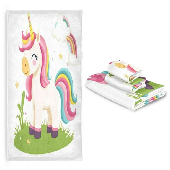 3 Pack Towel Set with Bath Towels, Hand Towels & Washcloths for Everyday Use Cartoon Unicorn with Rainbow Hair