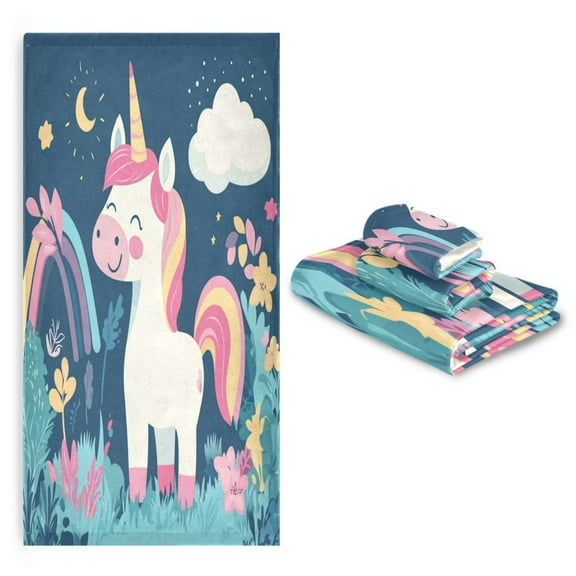 3 Pack Towel Set with Bath Towels, Hand Towels & Washcloths for Everyday Use Cute Unicorn with Rainbow Hair