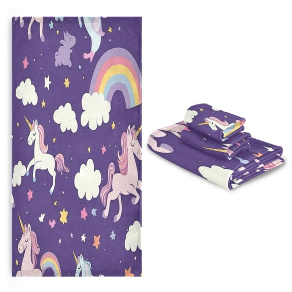 3 Pack Towel Set with Bath Towels, Hand Towels & Washcloths for Everyday Use Unicorns and Rainbows Cloud