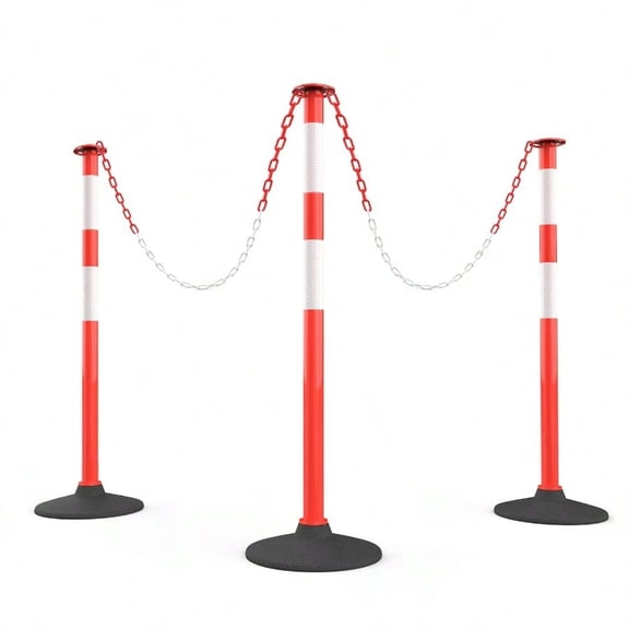 3 Pack Traffic Delineator Post with Weighted Rubber Base Portable Orange Safety Barrier Posts Cones with 5 FT Plastic Chain and Reflective Collars for Parking Lots Construction Events