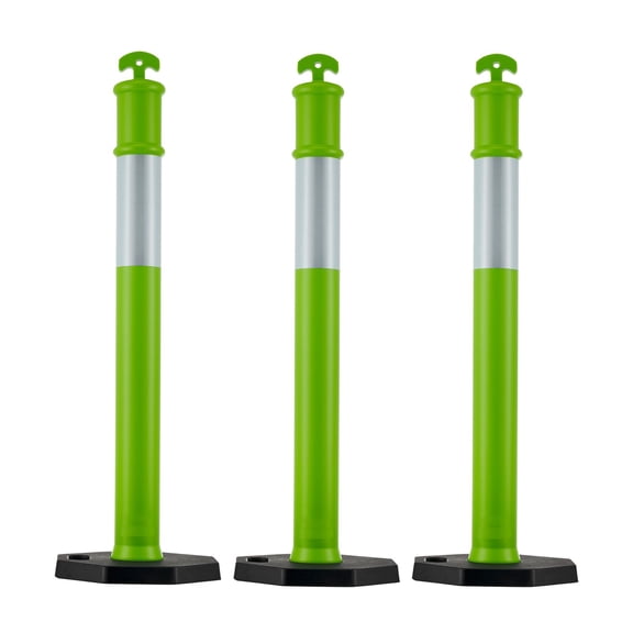 3 Pack 48 Inch Traffic Delineator Posts with Weighted Octagonal Base and High Visibility Reflective Strips Heavy Duty Safety Cones for Construction Site Parking Lot Crowd Control Green Outdoor Use