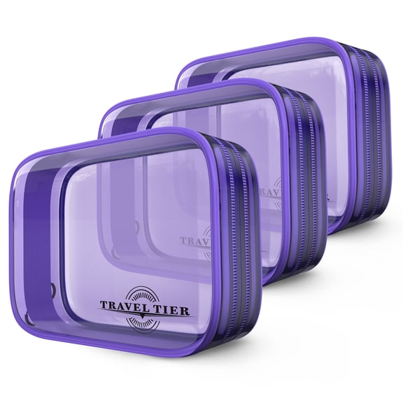 3 Pack Transparent Quart size Toiletry Bags (Purple)