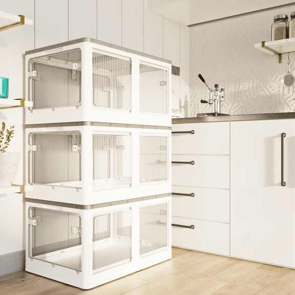 3-Pack Transparent Stackable Storage Bins with 5 Doors to Open with Wheels, Folding Plastic Craft Containers Large Closet Organizers Box for Bedrooms Living Rooms Study Toys, White