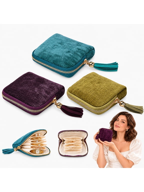 3 Pack Travel Jewelry Organizer for Women, Small Velvet Jewelry Pouches with 6 Compartments, Tangle-Free Portable Jewelry Cases with Zipper & Tassel, Teal Green, Avocado Green & Purple