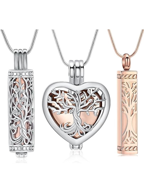 3 Pack Tree of Life / Cylinder / Bar Urn Necklace for Ashes Cremation Jewelry Women Men Ashes Keepsake Ashes Necklace Urn Pendent