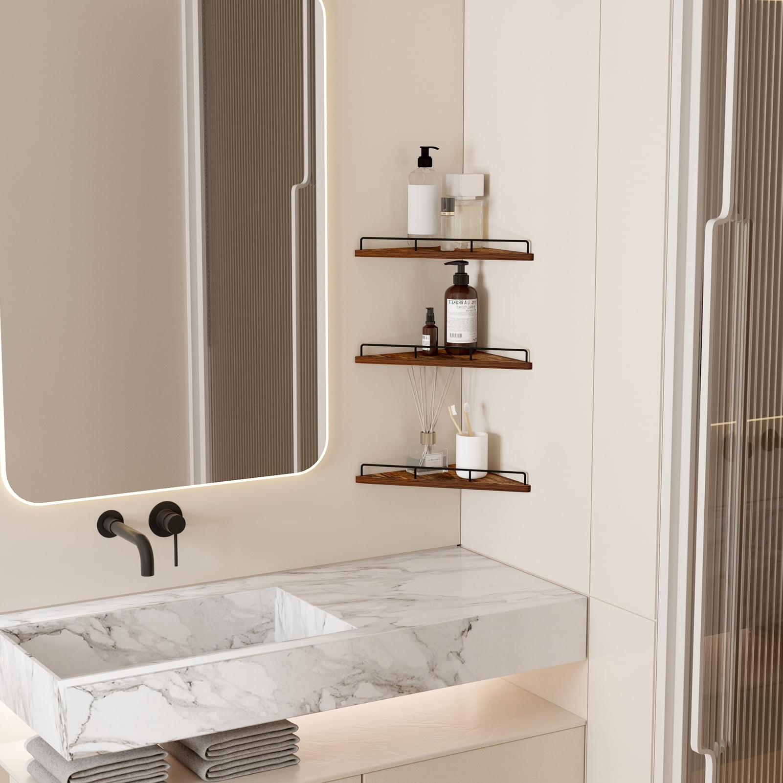 3 Pack Triangles Floating Wall Shelves, Brown Vintage Board with Black