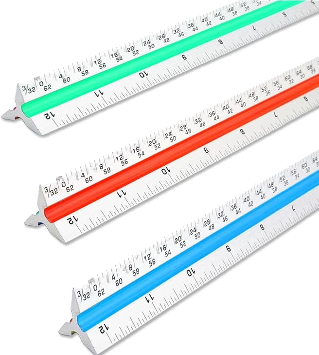 (3 Pack) Triangular Architect Scale Ruler, Imperial Measurements 12 ...