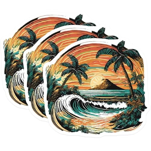 (3 Pack) Tropical Beach Decals - Palm Tree Art - Sunrise Seascape Decals - 3 Inches On Longest Side - Easy Peel & Apply - Made in USA - 3MCS8026
