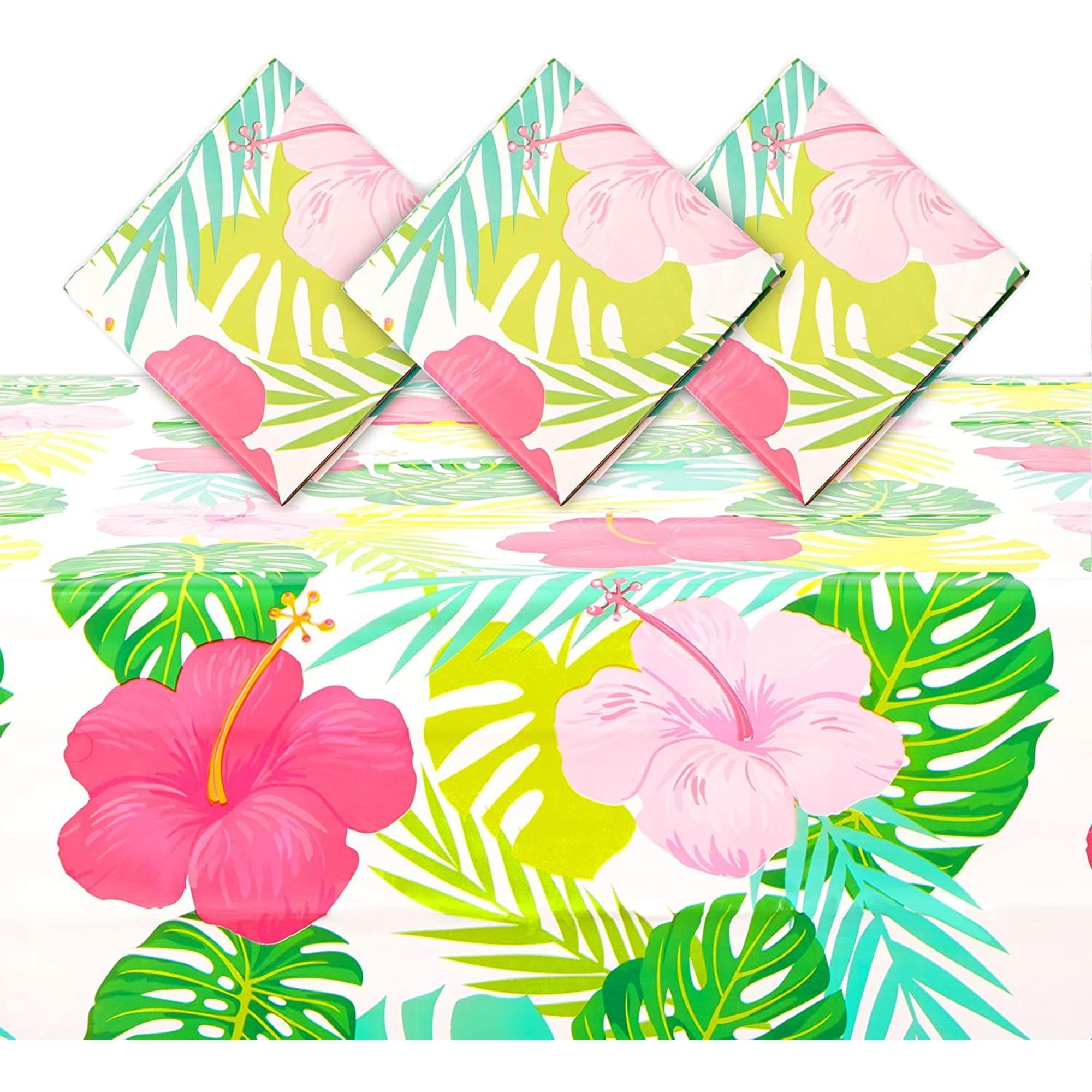 SPARKLE AND BASH 3 Pack Tropical Plastic Tablecloth, Hibiscus Floral Table Cover for Hawaiian Luau Party Supplies Decorations, 54" x 108"