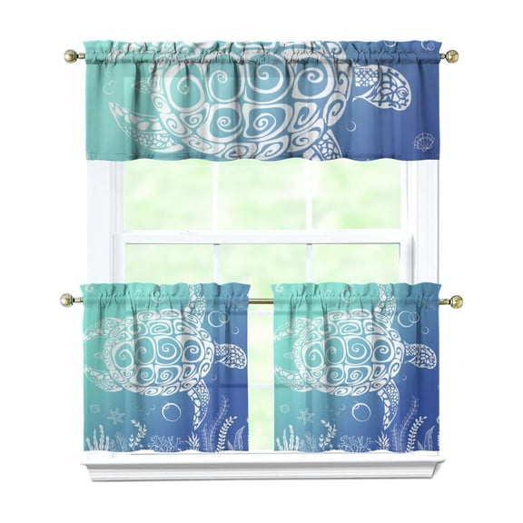 3 Pack Tropical Sea Turtle Tier Curtains - Nautical Ocean Animal Print, Abstract Coral Reef Design with Valance, Farmhouse Kitchen Window Treatments