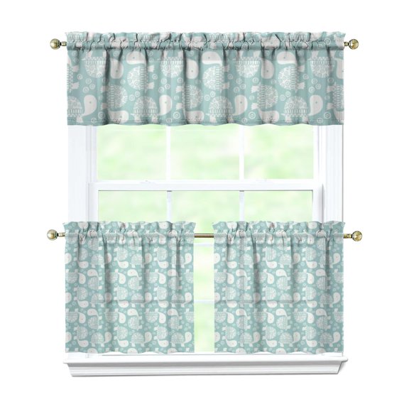3 Pack Tropical Sea Turtle Tier Curtains - Nautical Ocean Animal Print, Abstract Coral Reef Design with Valance, Farmhouse Kitchen Window Treatments