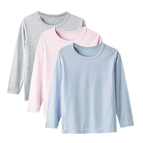 3 Pack Tshirts for Boys Girls Long Sleeve Soft T-shirts Cotton Multipack Kids Solid Color Fall Spring Base Tees (1 Year, Gray|Pink|Blue)
