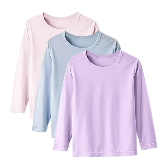 3 Pack Tshirts for Boys Girls Long Sleeve Soft T-shirts Cotton Multipack Kids Solid Color Fall Spring Base Tees (1 Year, Pink|Blue|Purple)