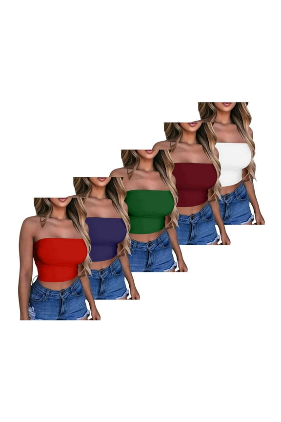 5 Pack Tube Tops for Women Sexy Casual Off Shoulder Bandeau Yoga Crop Tees Bulk Slim Fit Solid Going Out Streetwear (L, Wine-5pcs)