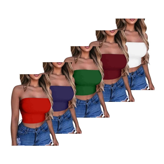 5 Pack Tube Tops for Women Sexy Casual Off Shoulder Bandeau Yoga Crop Tees Bulk Slim Fit Solid Going Out Streetwear (S, Wine-5pcs)