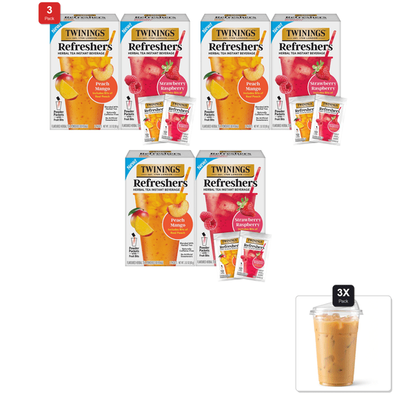 3 Pack | Twinings Refreshers Variety 2-Pack, Strawberry Raspberry & Peach Mango, Herbal Tea Instant Beverage With Real Fruit Bits, 5 Count Ea & 3x 16oz Plastic Cup with Strawless Sip-Lid