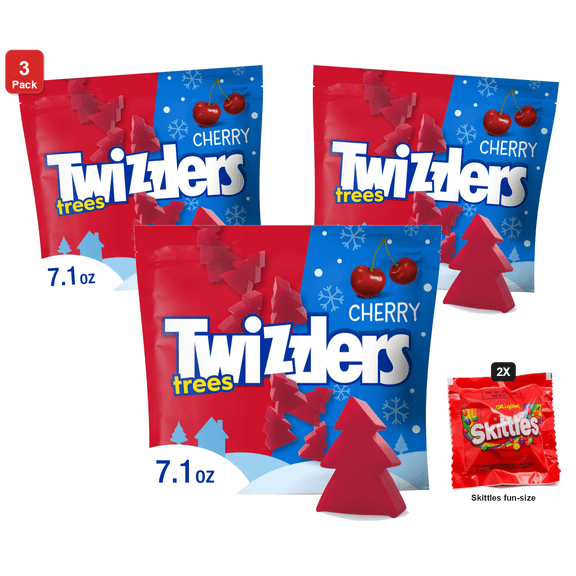 3 Pack | Twizzlers Cherry Flavored Trees Chewy, Candy Bag, 7.1 oz, with 2 Skittles Fun Size