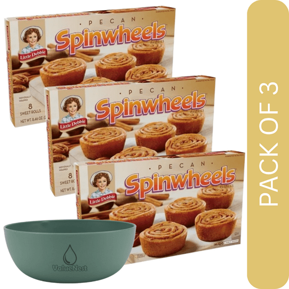 3 Pack Of Little Debbie Pecan Spinwheels, Sweet Rolls with Cinnamon and Pecans, 8 Count, With Olive Green Bowl By ValueNest