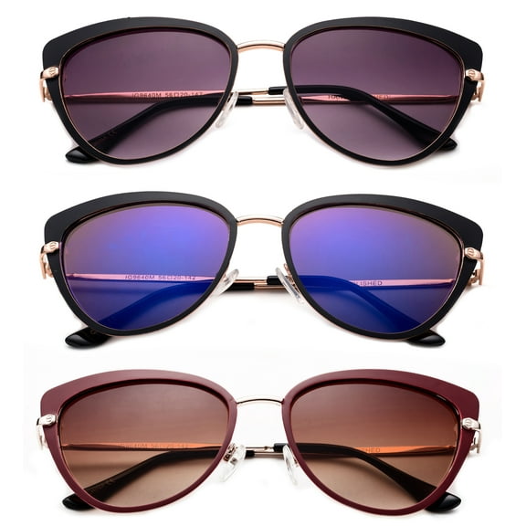 3 Pack Two Tone Metal Frame High Fashion Optical Quality Cat Eye Style Sunglasses for Women, Black Smoke, Blue Flash Mirror & Red Brown