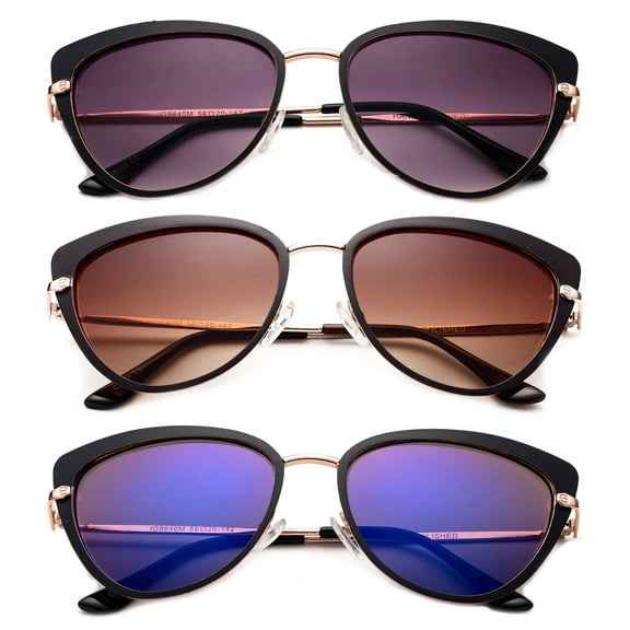 3 Pack Two Tone Metal Frame High Fashion Optical Quality Cat Eye Style Sunglasses for Women, Black Smoke, Brown Brown, Blue Flash Mirror
