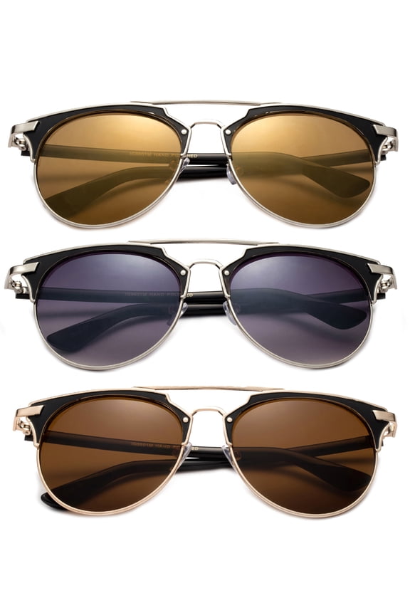 3 Pack Two Tone Round Aviator Metal Frame Dual Bridge Fashion Sunglasses for Women for Men, Purple, Dark Brown & Silver Brown