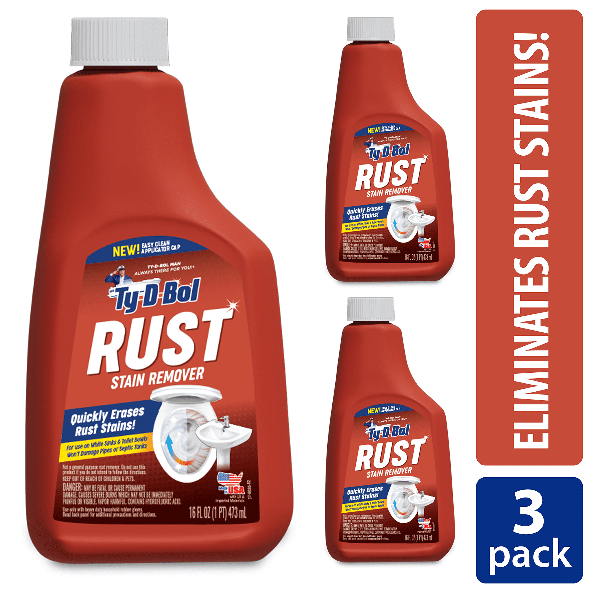 (3 Pack) Ty-D-Bol Rust Stain Remover, White Sink and Toilet Bowl Rust Cleaner, 16 fl oz Cleaning Liquid, Unscented