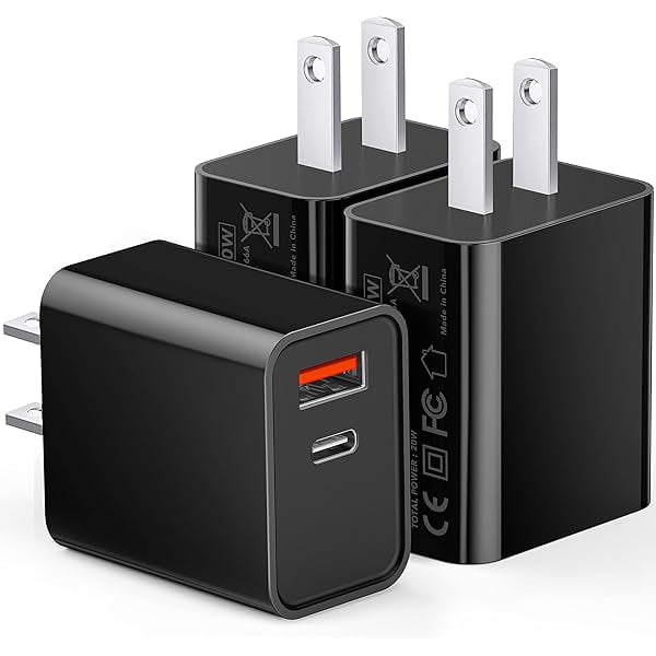 3 Pack Type C Charger, Dual Port USB C Wall Plug 20W PD & QC3.0 USB A Fast Charging Block for Samsung Galaxy S24 S23/S3+/S23 Ultra/S22/S22+/S22 FE/Note 20 Ultra/10, iPhone 16/15 Brick Box(Black)
