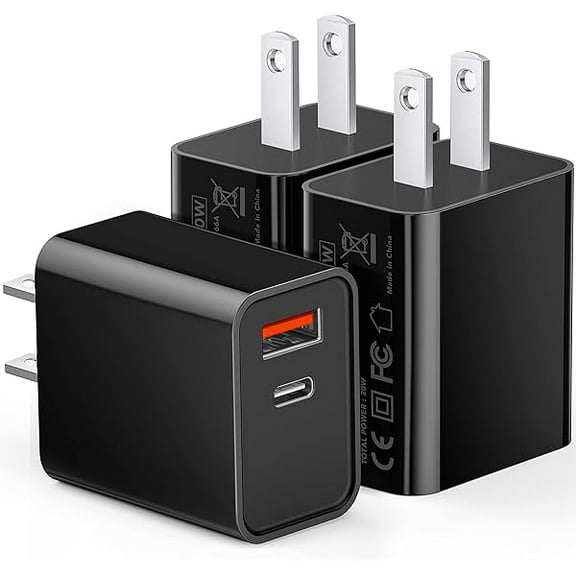3 Pack Type C Charger, Dual Port USB C Wall Plug 20W PD & QC3.0 USB A Fast Charging Block for Samsung Galaxy S24 S23/S3+/S23 Ultra/S22/S22+/S22 FE/Note 20 Ultra/10, iPhone 16/15 Brick Box(Black)
