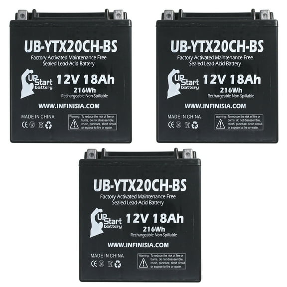 3-Pack UB-YTX20CH-BS Battery Replacement for 2006 Suzuki LT-A500F Vinson 4WD 500 CC ATV - Factory Activated, Maintenance Free, Motorcycle Battery - 12V, 18AH, UpStart Battery Brand