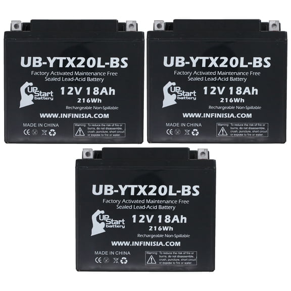 3-Pack UB-YTX20L-BS Battery Replacement for 2004 Triumph Rocket III 2300 CC Motorcycle - Factory Activated, Maintenance Free, Motorcycle Battery - 12V, 18AH, UpStart Battery Brand