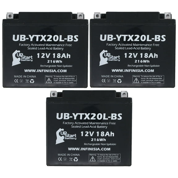 3-Pack UB-YTX20L-BS Battery Replacement for 2011 Yamaha YMF5FG, YFM550PE, DE, DH Grizzly 550 CC ATV - Factory Activated, Maintenance Free, Motorcycle Battery - 12V, 18AH, UpStart Battery Brand