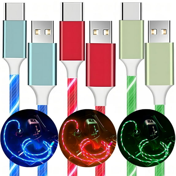 3-Pack USB C Charger Cable, LED Light Up USB A to USB C Cable 3A Fast Charging Type C Cord for Most Type C Device (3.3ft,Blue+Red+Green)