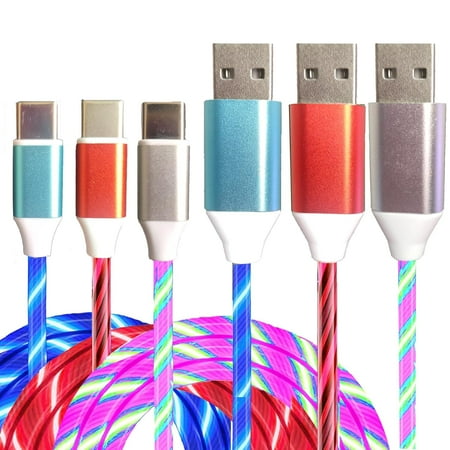 3 Pack USB C Charging Cable Led Light Up Type C Charger Fast USB-C to USB-A Charge Cord Compatible with Smart Phones and All Type C Device(6.6FT,Blue Colorful Red )