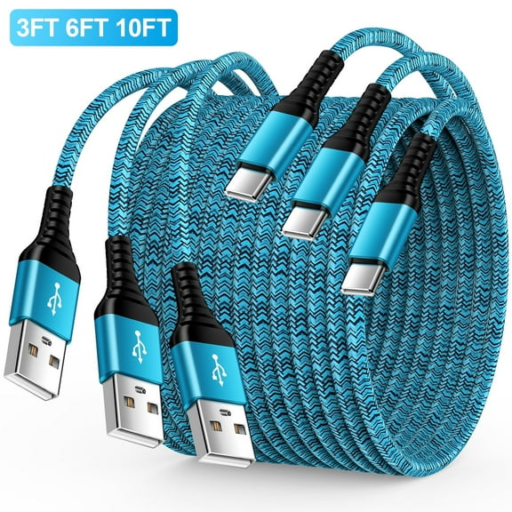 3 Pack USB-C Fast Charging Cable Cord 10FT6FT3FT Type C Cable Nylon Braided Fast Charging and Data Cable Cord for Samsung, Blue