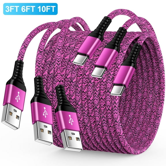 3 Pack USB-C Fast Charging Cable Cord 10FT6FT3FT Type C Cable Nylon Braided Fast Charging and Data Cable Cord for Samsung, Pink