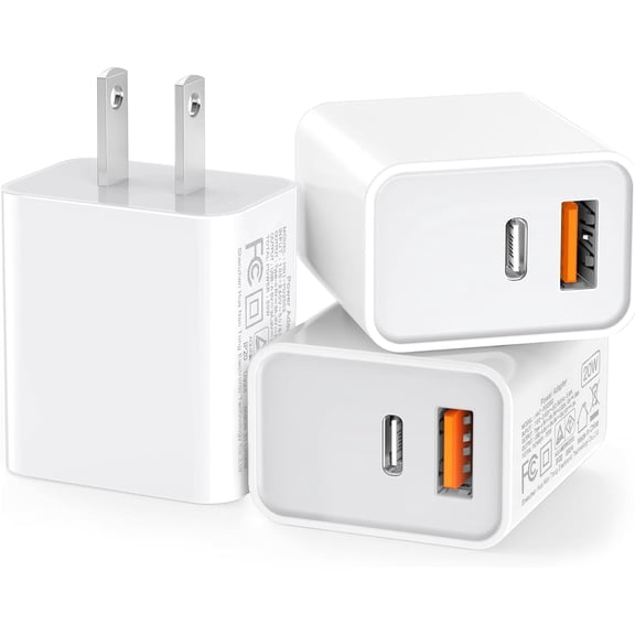 3 Pack USB C Wall Charr, 20W Durable Dual Port QC+PD 3.0 Power Adapter, Double Fast Plug Charging Block for iPhone 14/15/16/17 Pro/Pro Max/Plus, XS/XR/X, Watch Series 8/7 Cube, White