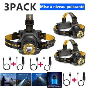 3 PackUSB Rechargeable LED Headlamp 3-Modes Adjustable Camping Hiking Headlight W/Car Charger+USB Cable