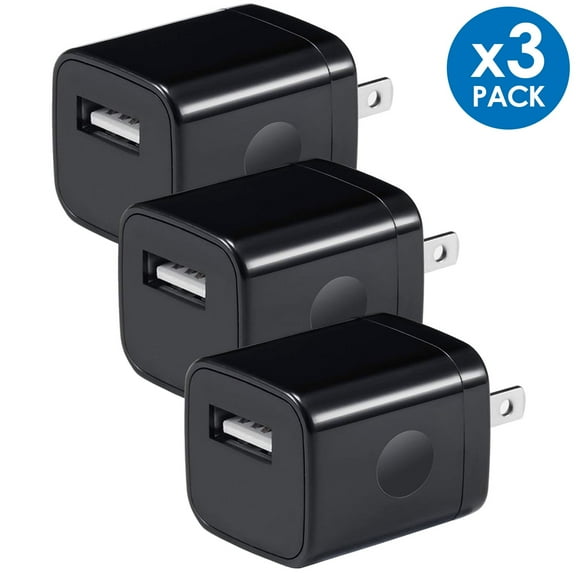 3-Pack USB Wall Charger, 1A/5V 1-Port USB Wall Plug Travel Charging Adapter Compatible with iPhone 6 / 7 / 8 / X / XR / 11 / 12 / 13, Samsung Galaxy S8, S9, S10, S10e, A71, A90, Universal, Black