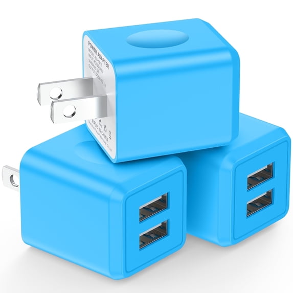 3-Pack USB Wall Charger Adapter, FiveBox 2.1A Dual Port USB Charger Adapter, Fast Phone Charger Block Cube Charging Box Brick Compatible for iPhone, Samsung Galaxy, Android, Blue