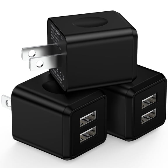 3-Pack USB Wall Charger Adapter, FiveBox 2.1A Dual Port USB Charger Adapter, Fast Phone Charger Block Cube Charging Box Brick Compatible for iPhone, Samsung Galaxy, Android, Black