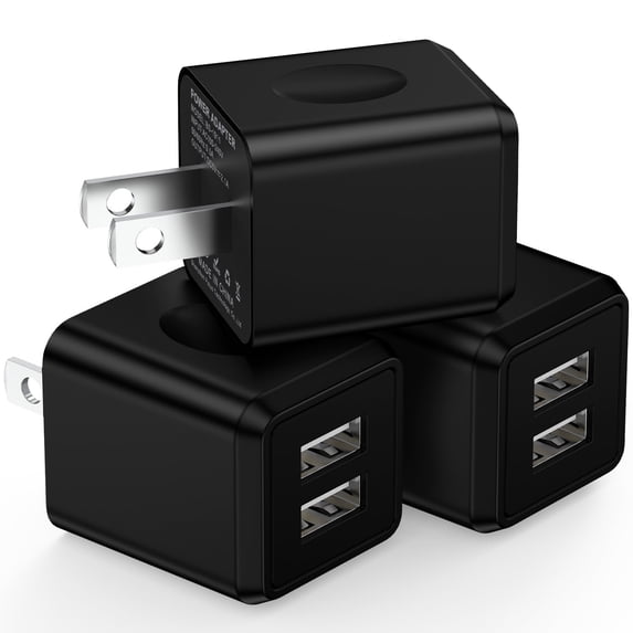 3-Pack USB Wall Charger Adapter, FiveBox 2.1A Dual Port USB Charger Adapter, Fast Phone Charger Block Cube Charging Box Brick Compatible for iPhone, Samsung Galaxy, Android, Black