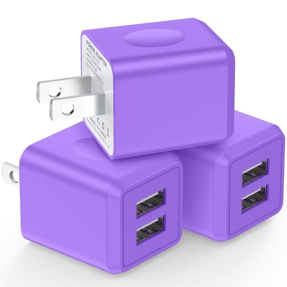 3-Pack USB Wall Charger Adapter, FiveBox 2.1A Dual Port USB Charger Adapter, Fast Phone Charger Block Cube Charging Box Brick Compatible for iPhone, Samsung Galaxy, Android, Purple