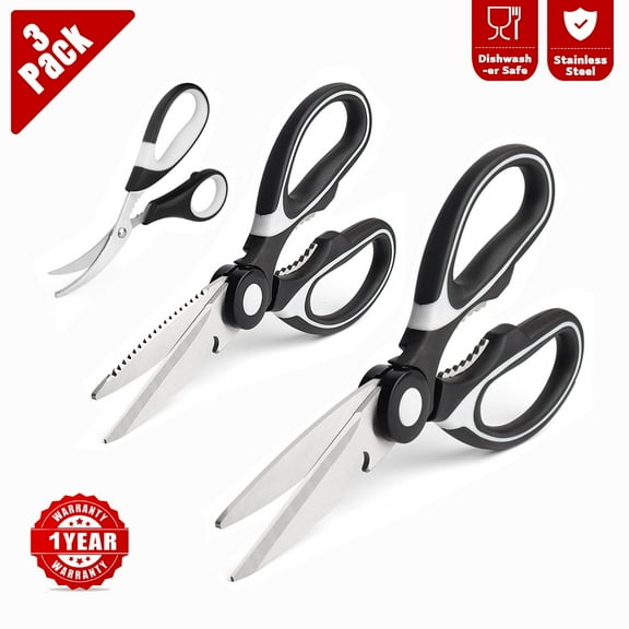 3 Pack Ultra-Sharp Kitchen Scissors - Premium Stainless Steel Shears for Poultry,Meat,Fish,Vegetables,Herbs,Bottle Opener,Nut Cracker