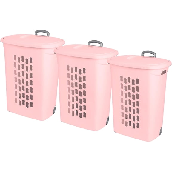 3-Pack Ultra Wheeled Hamper - Plastic Laundry Basket Clothes Bin with Wheels, Flip Top Lid and Retractable Handle, Pink Frost