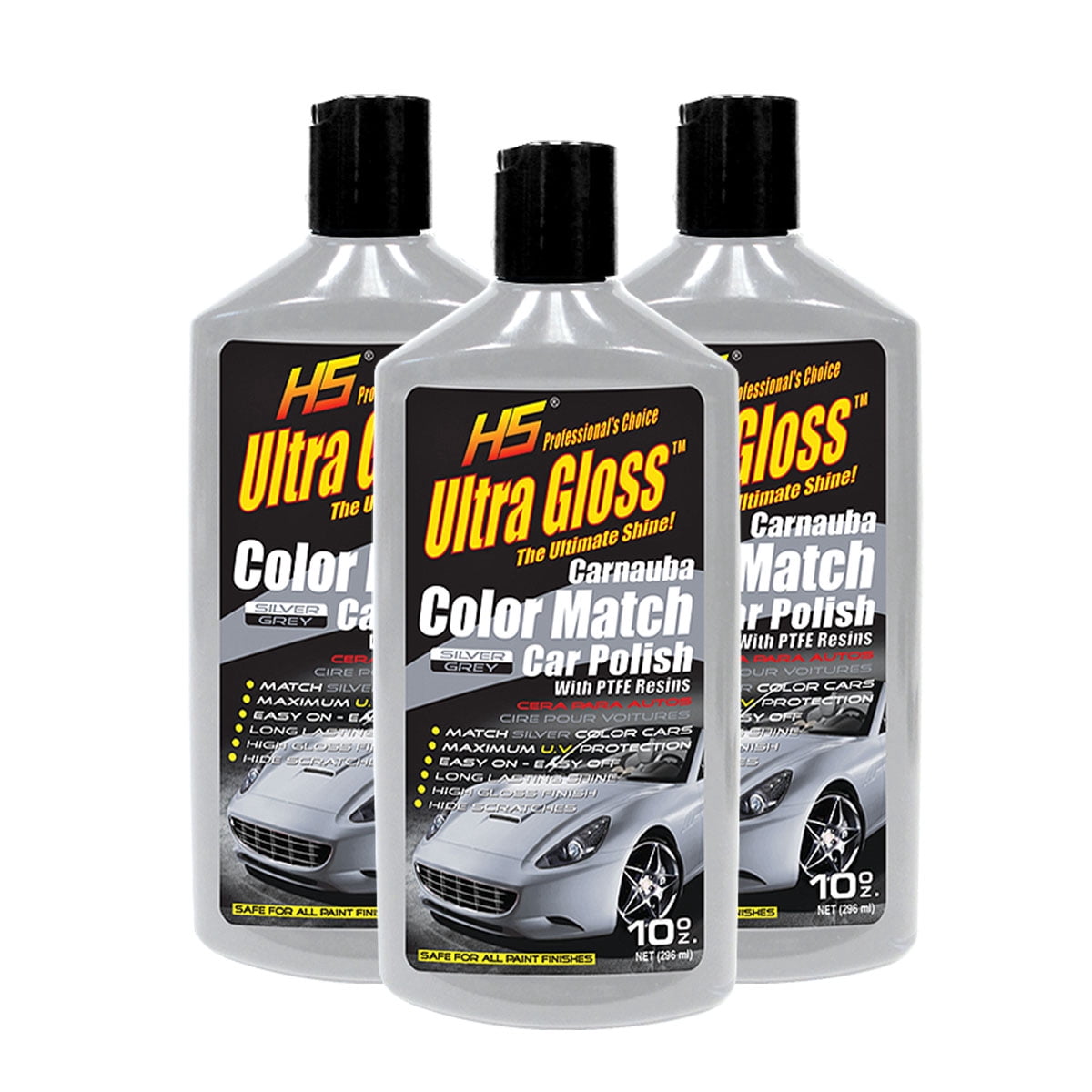 3 Pack UltraGloss HS Carnauba Car Polish Silver/Grey 10oz with Gloves and Micro-fiber Cloth / 29.955-3PK