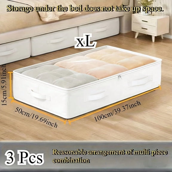 3 Pack Under Bed Storage Boxes, Foldable Clothes & Bedding Organizer with Clear Window and Handles, White
